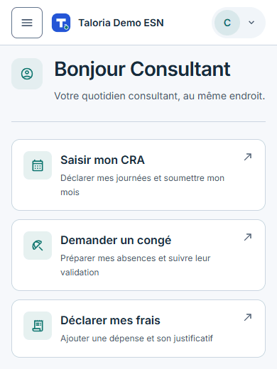 Accueil mobile consultant avec les actions Saisir mon CRA, Demander un congé et Déclarer mes frais.